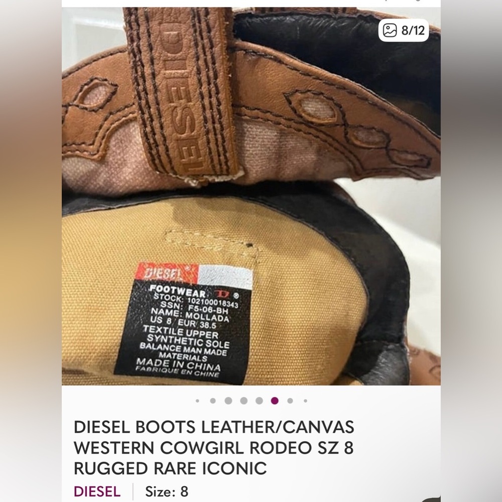 DIESEL BOOTS LEATHER/CANVAS  WESTERN COWGIRL RODEO SZ 8 RUGGED RARE ICONIC - Picture 13 of 17